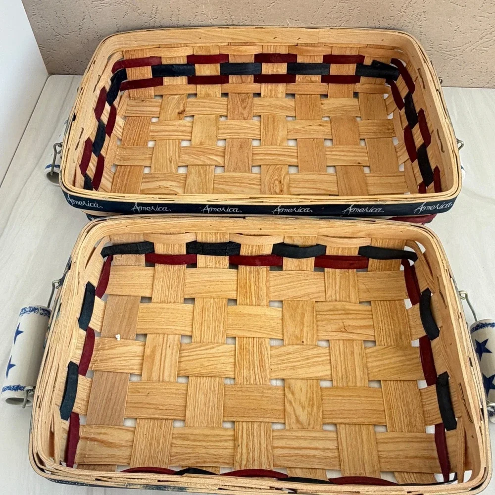 Set of 2 Patriotic Americana Woven Wood Baskets with Star Ceramic Handles